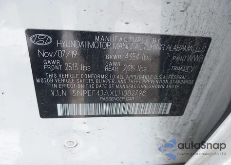 2020 Hyundai Sonata Sel z USA, uszkodzony, nr VIN 5NPEF4JAXLH002798